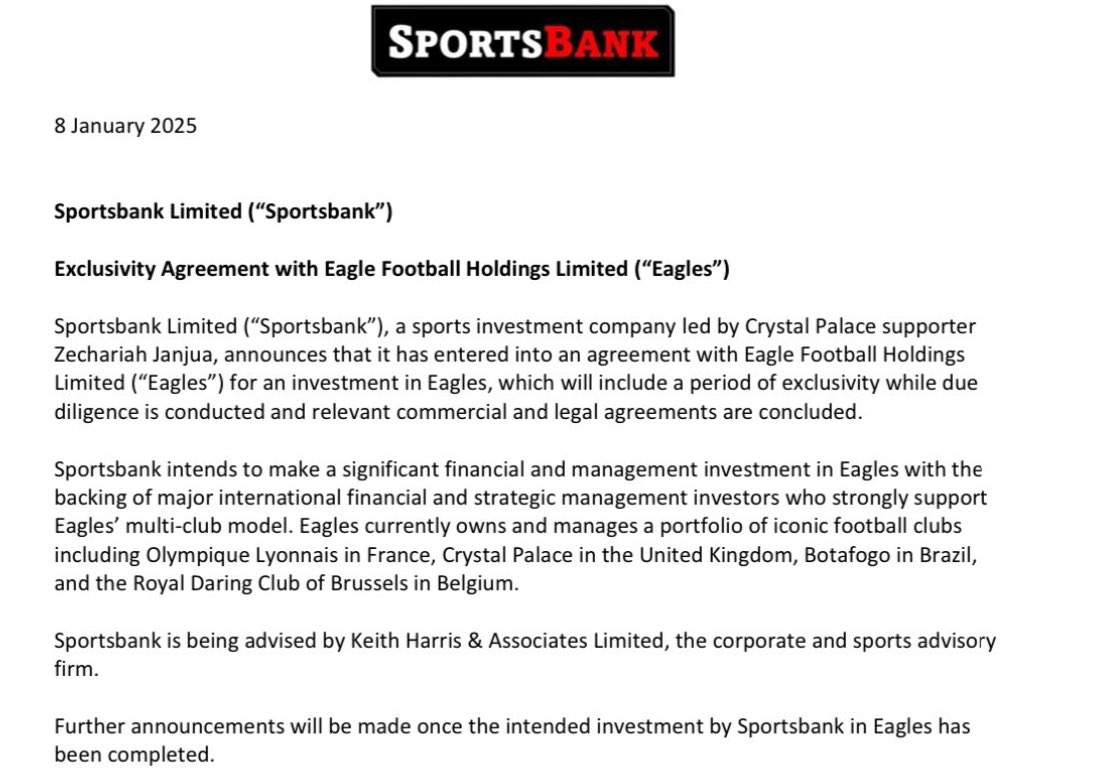  官方：Sportsbank投资集团收购水晶宫俱乐部45%股份