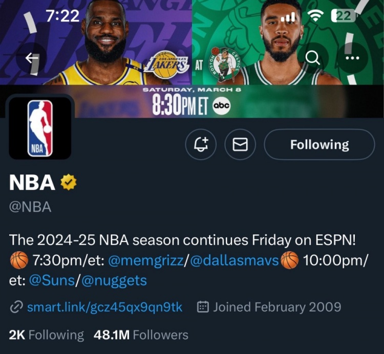  预热NBA官推已提前一天将账号背景图换为詹姆斯vs塔图姆海报